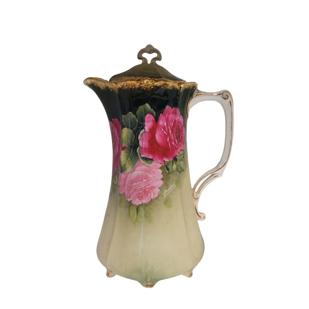 Antique German Porcelain Chocolate‎ Pot Hand Painted Pink Roses Gold Gilt GDA